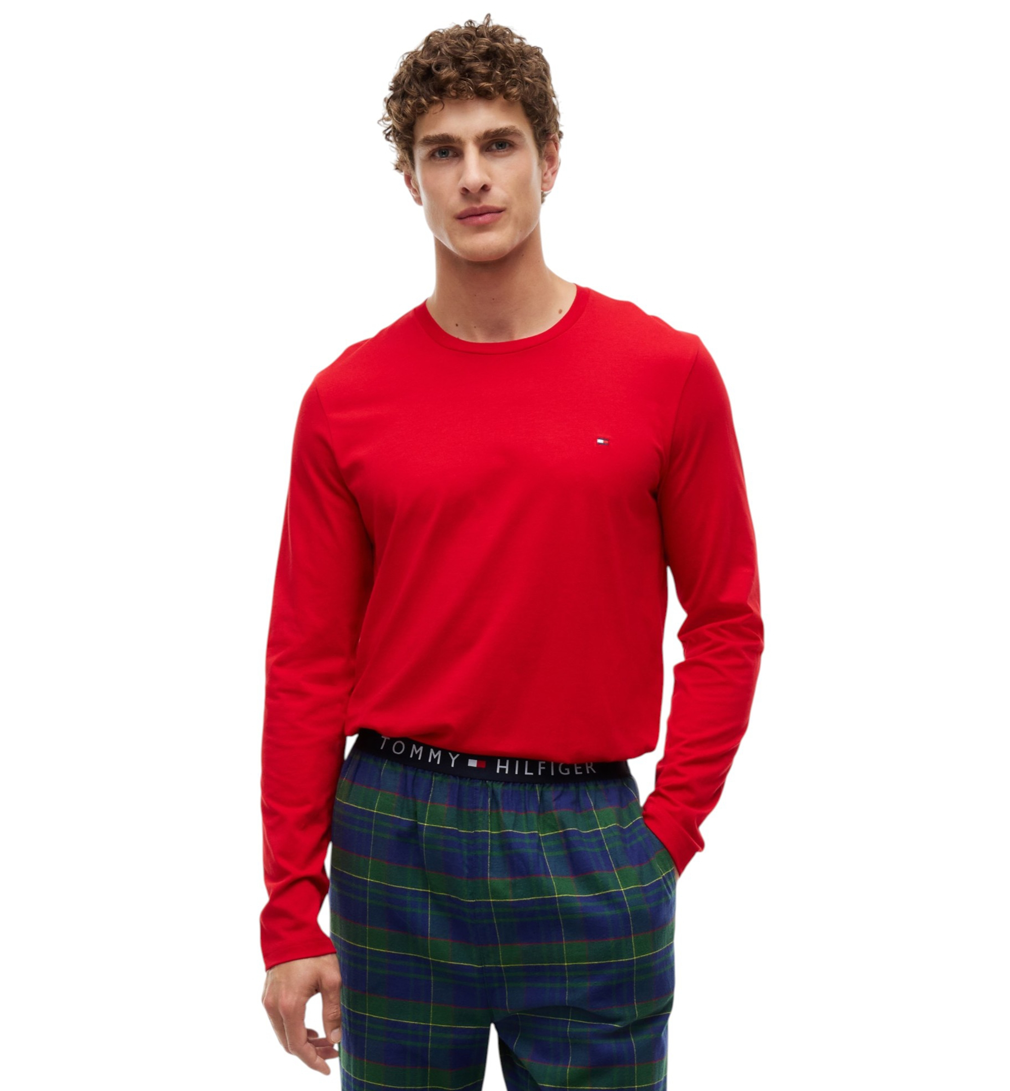 Tommy Hilfiger Men's Core Flag Long-Sleeve Crewneck Cotton Pajama T-Shirt - Mahogany