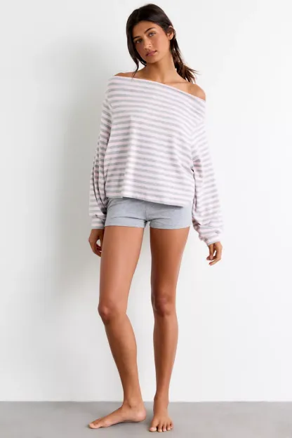 Out From Under All Nighter Striped Off-The-Shoulder Sweatshirt - Pink Stripe