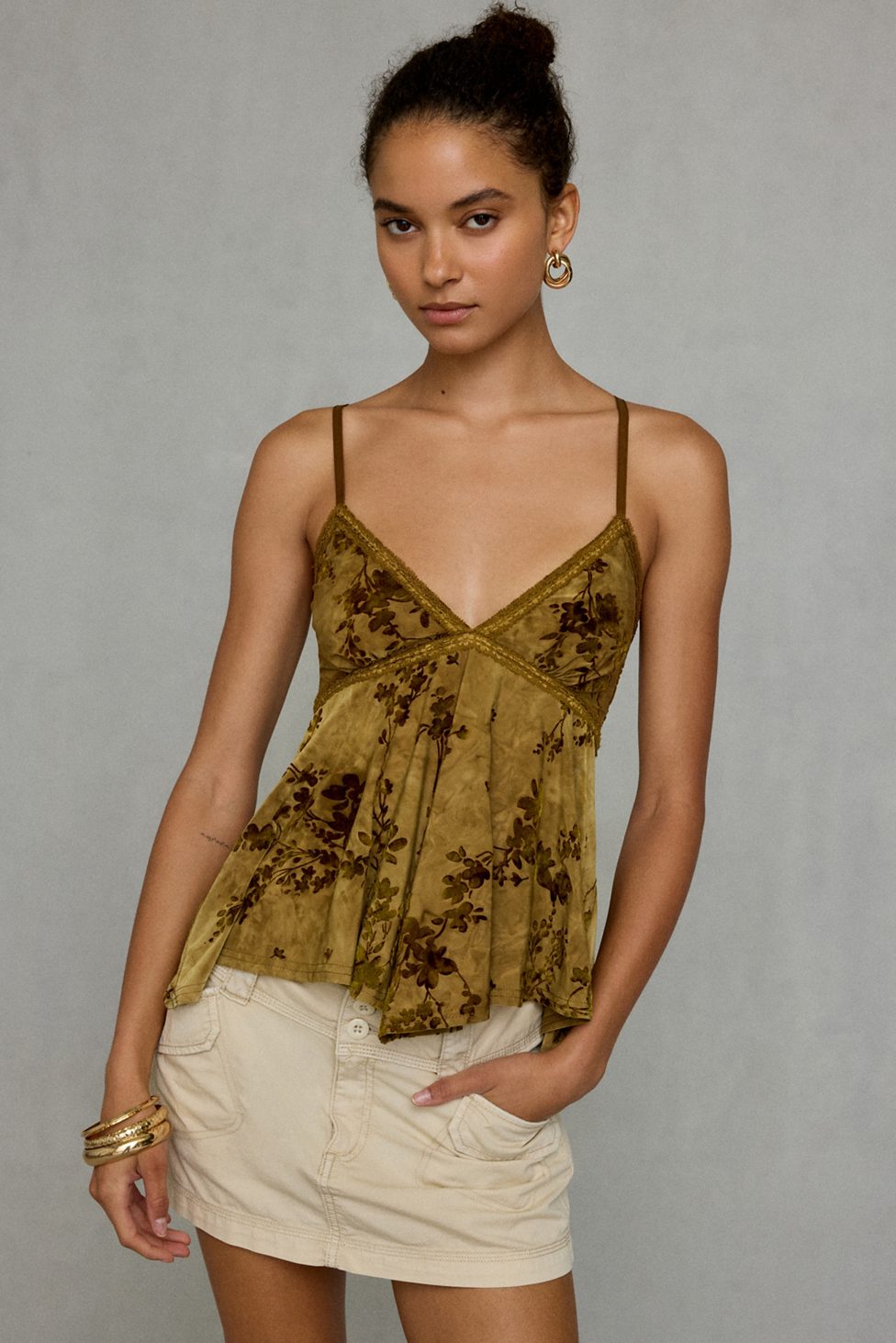 Kimchi Blue Celia Floral Burnout Lace Trim Babydoll Cami - Olive