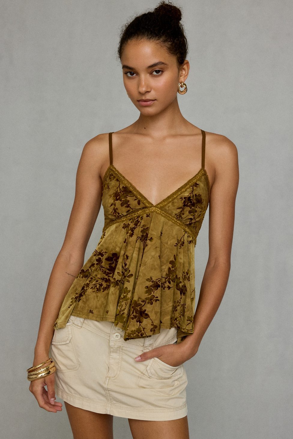 Kimchi Blue Celia Floral Burnout Lace Trim Babydoll Cami - Olive