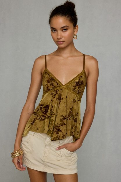 Kimchi Blue Celia Floral Burnout Lace Trim Babydoll Cami - Olive
