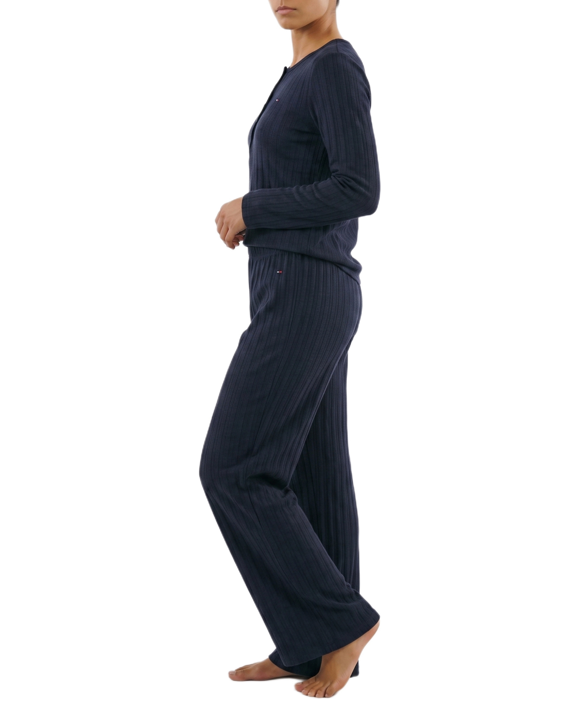 Tommy Hilfiger Women's Long-Sleeve Wide-Leg Cable-Jacquard Henley Top and Pant, 2-Piece Pajama Set - Sky Captain