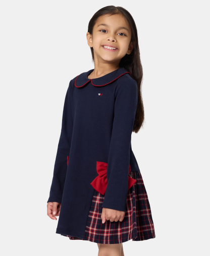 Tommy Hilfiger Girls' 4-6X Peter Pan Collar Plaid Detail Dress - Navy/Red
