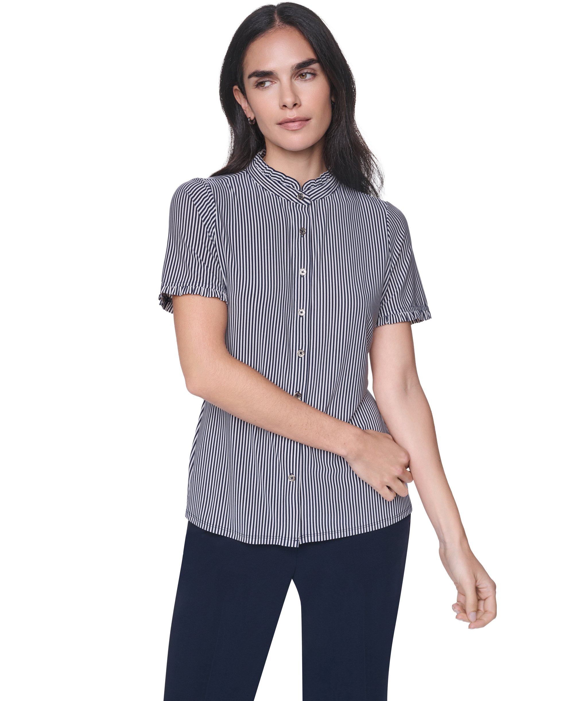 Tommy Hilfiger Women's Short-Sleeve Striped Ruffle Blouse - Midnight/Ivory