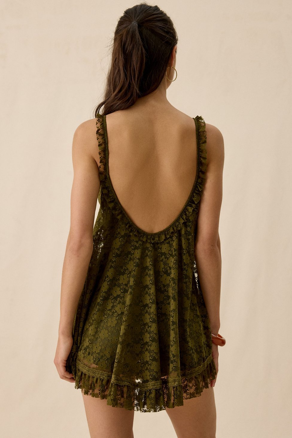 UO Primrose Lace Babydoll Romper - Olive