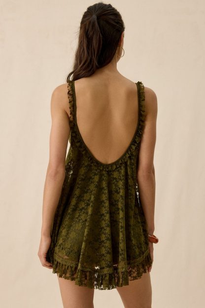 UO Primrose Lace Babydoll Romper - Olive