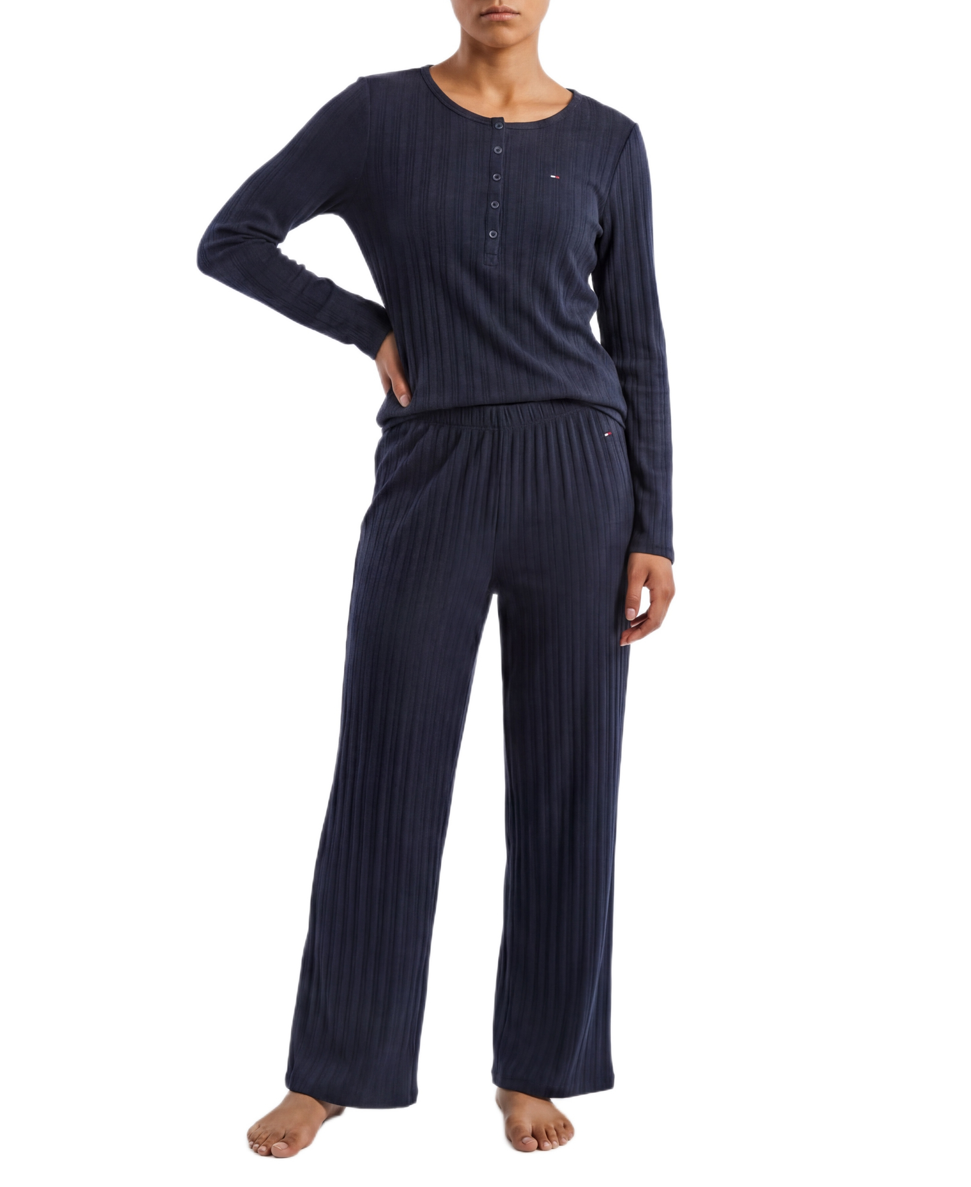 Tommy Hilfiger Women's Long-Sleeve Wide-Leg Cable-Jacquard Henley Top and Pant, 2-Piece Pajama Set - Sky Captain