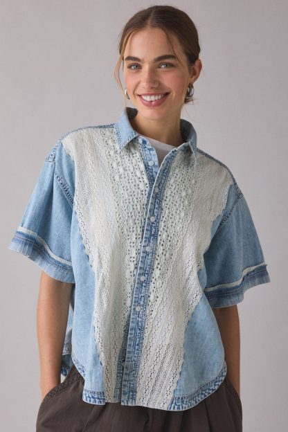 BDG Caught In The Feeling Lace + Denim Short Sleeve Button-Up Shirt - Light Blue