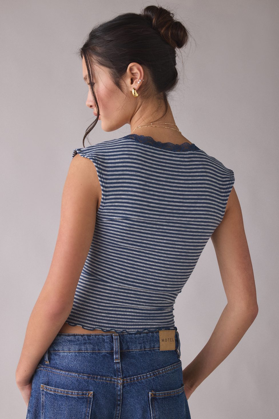 Out From Under Diana Plunging Lace Trim Cap Sleeve Top - Blue Multi