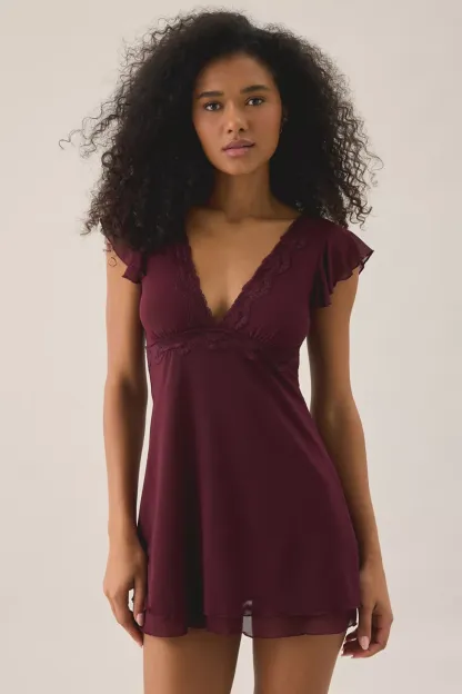 Out From Under Cecelia Mesh Ruffle Flutter Sleeve Sleep Dress - Maroon