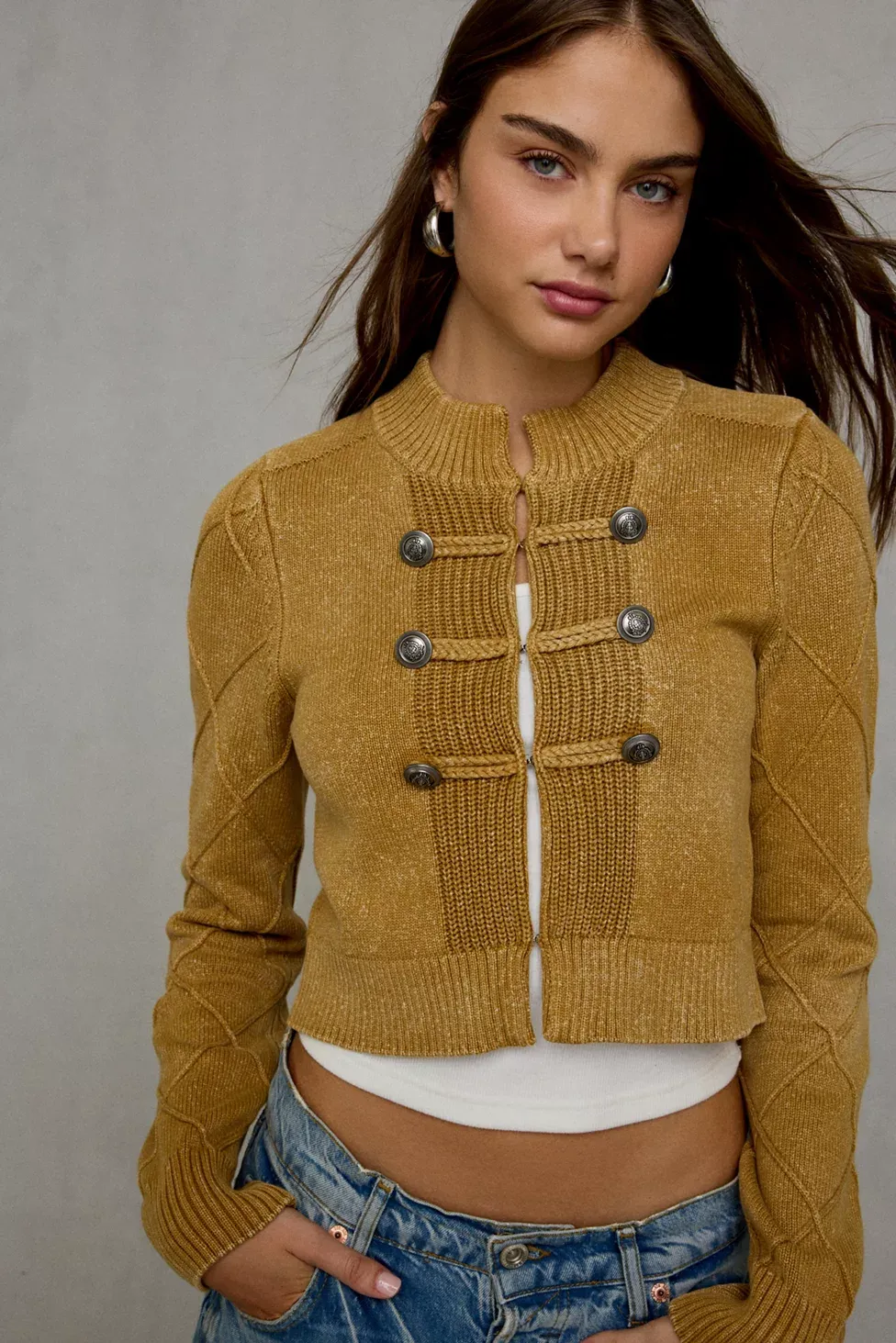 BDG Kellie Cadet Military Button Detail Sweater Jacket - Dark Yellow