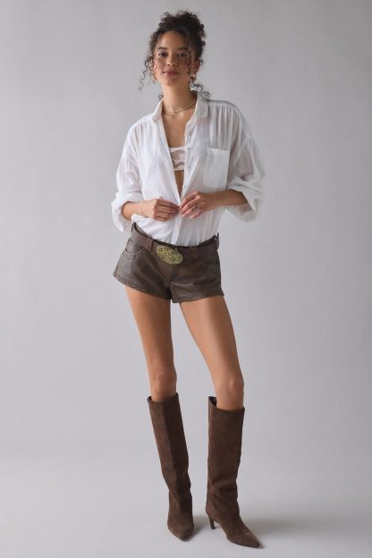 UO Festival Studded Faux Leather Micro Shorts - Brown