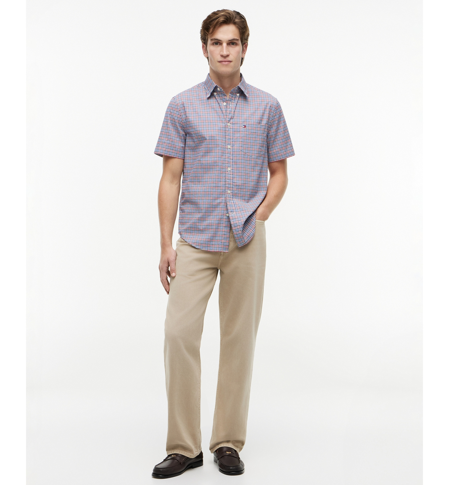 Tommy Hilfiger Men's Oxford Multi-Gingham Short-Sleeve Shirt - Medium Red / Check