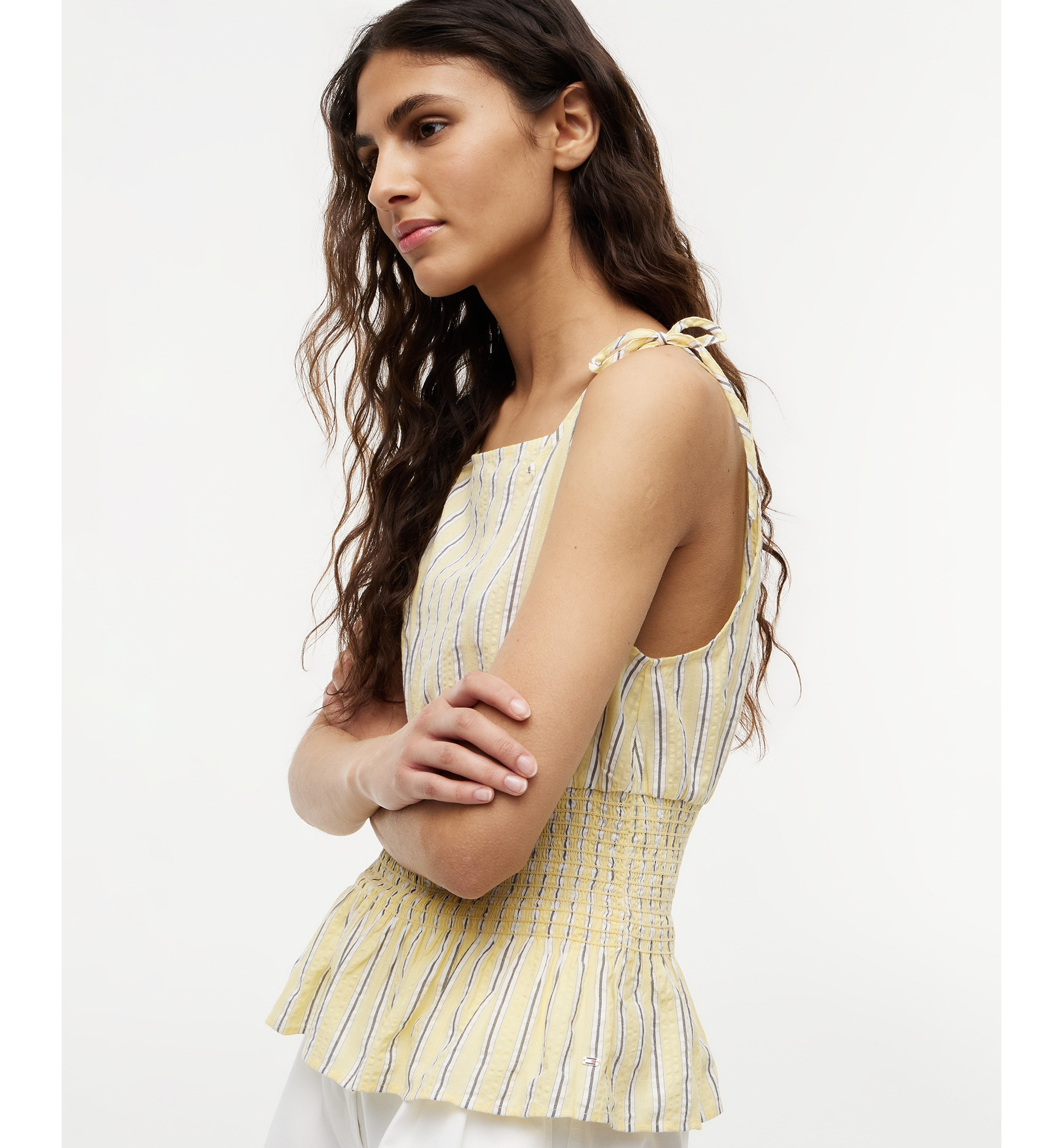 Tommy Hilfiger Women's Smocked Shoulder-Tie Top - Light Quartz Stripe Cream