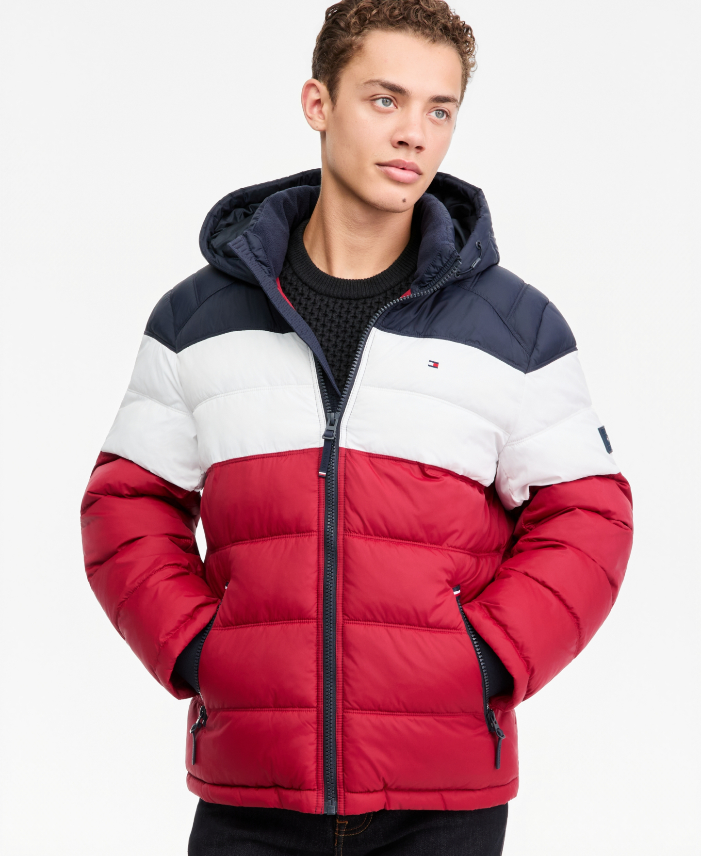 Tommy Hilfiger Men's Hooded Puffer Jacket - Red/White/Blue Colorblock