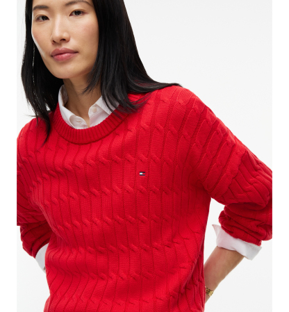 Tommy Hilfiger Women's Cable-Knit Crewneck Sweater - Red