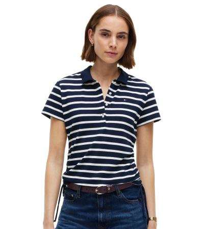 Tommy Hilfiger Women's Short-Sleeve Drawstring Polo Shirt - Breton Stp Dark Blue Ecru