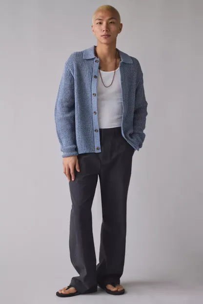 Les Deux Gerald Knitted Polo Cardigan - Dark Denim Blue