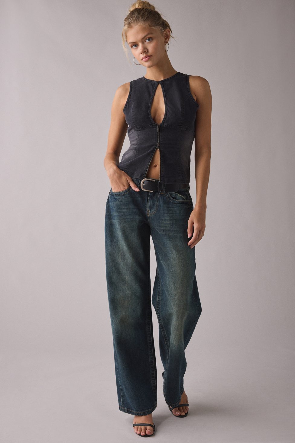 UO Nicola Plunging Keyhole Cutout Zip-Front Denim Vest Top - Black