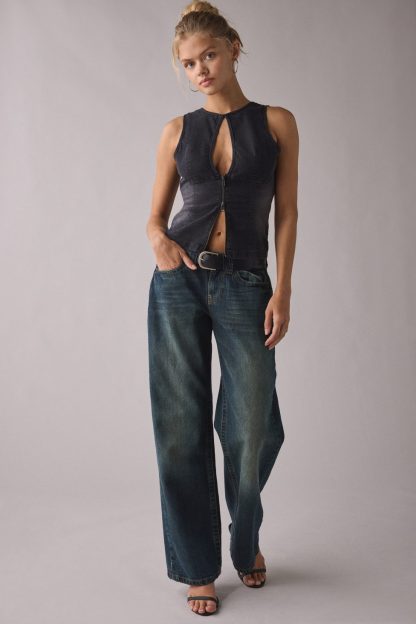 UO Nicola Plunging Keyhole Cutout Zip-Front Denim Vest Top - Black
