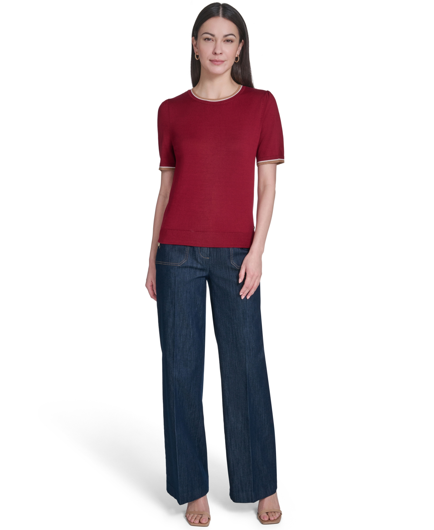 Tommy Hilfiger Women's Short-Sleeve Crewneck Sweater - Crimson Multi