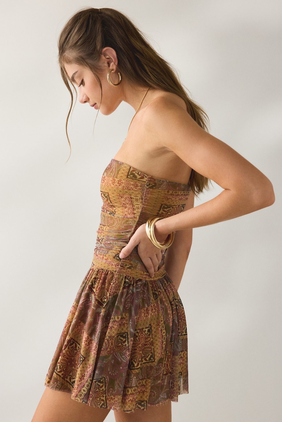UO Modern Mesh Basque Waist Strapless Mini Dress - Gold