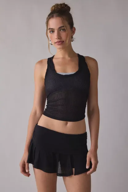 Out From Under Free Spirit Sheer Ribbed Foldover Mini Skort - Black