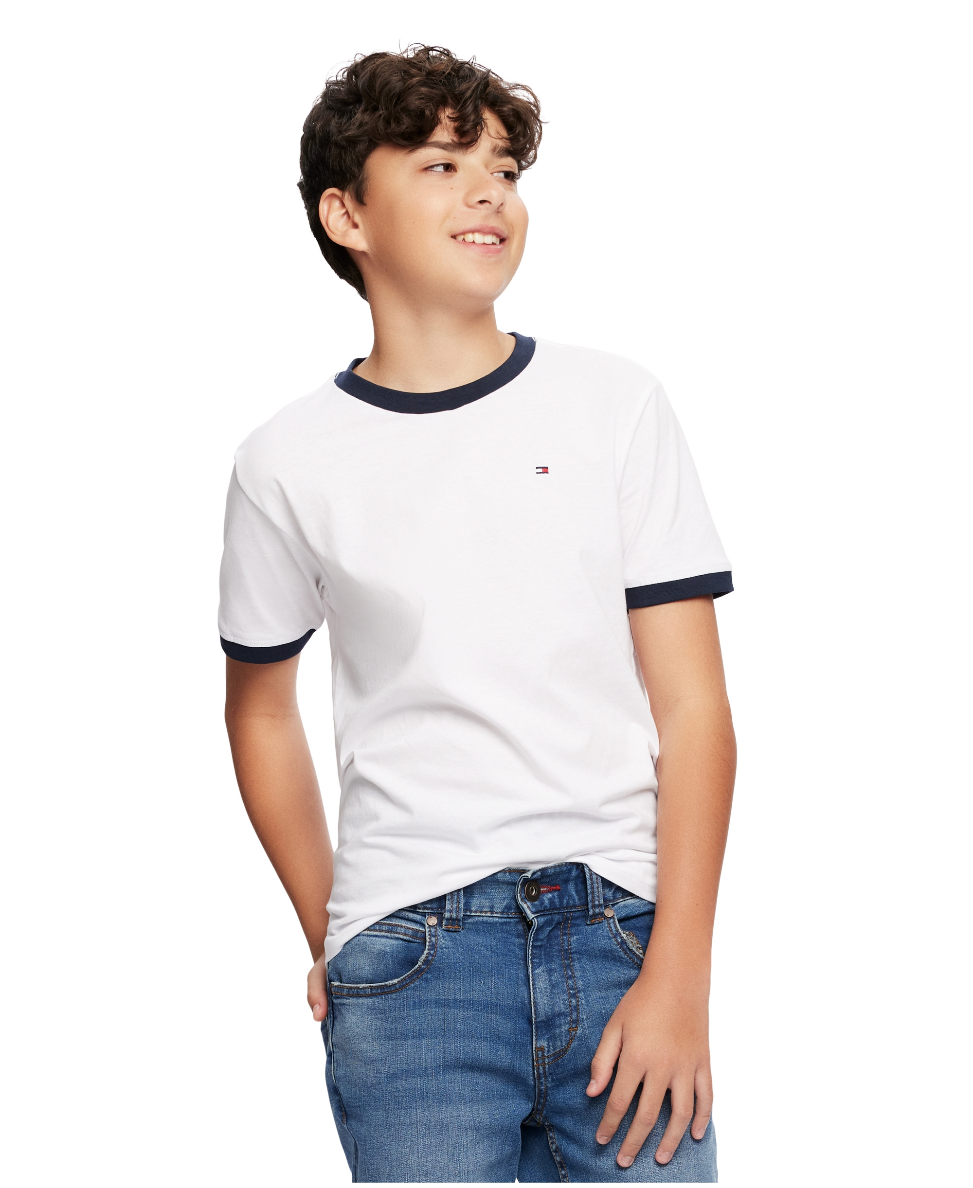 Tommy Hilfiger Boys' 2T-7 Contrast Trim Embroidered Logo Ken T-Shirt - White