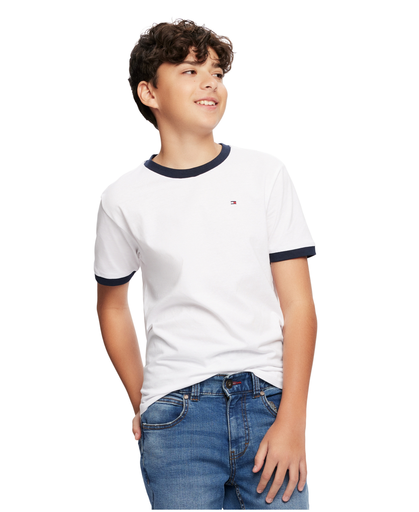 Tommy Hilfiger Boys' 2T-7 Contrast Trim Embroidered Logo Ken T-Shirt - White