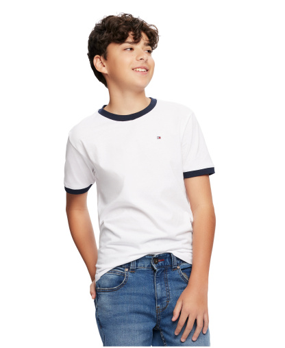 Tommy Hilfiger Boys' 2T-7 Contrast Trim Embroidered Logo Ken T-Shirt - White