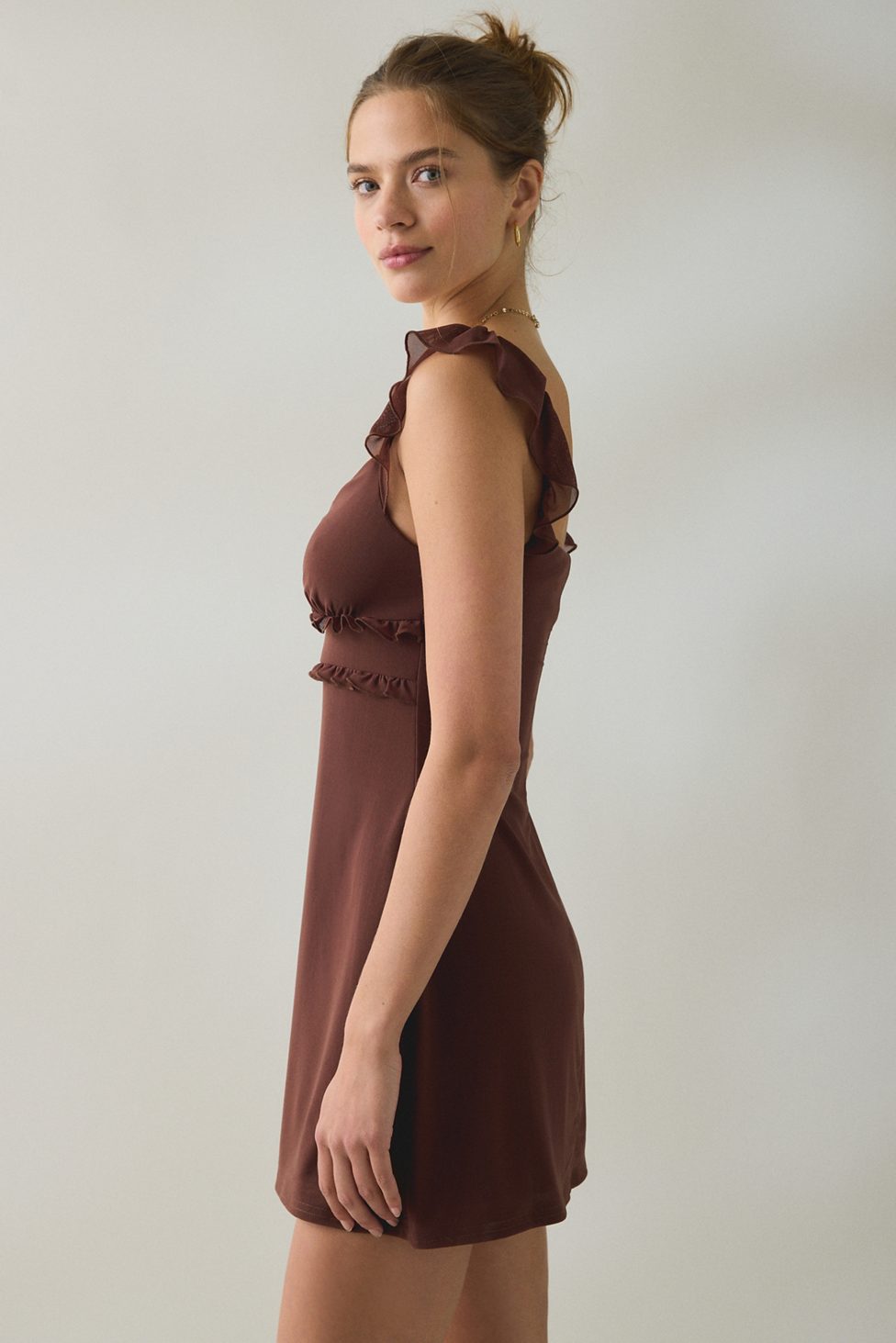 UO Nina Ruffle Trim Mesh Mini Dress - Brown