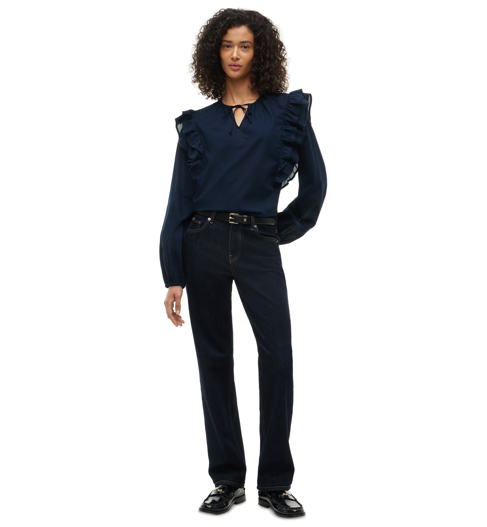 Tommy Hilfiger Women's Frill Detail Long-Sleeve Tie-Neck Top - Dark Blue