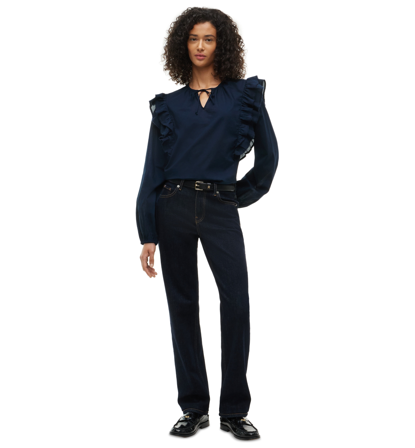 Tommy Hilfiger Women's Frill Detail Long-Sleeve Tie-Neck Top - Dark Blue