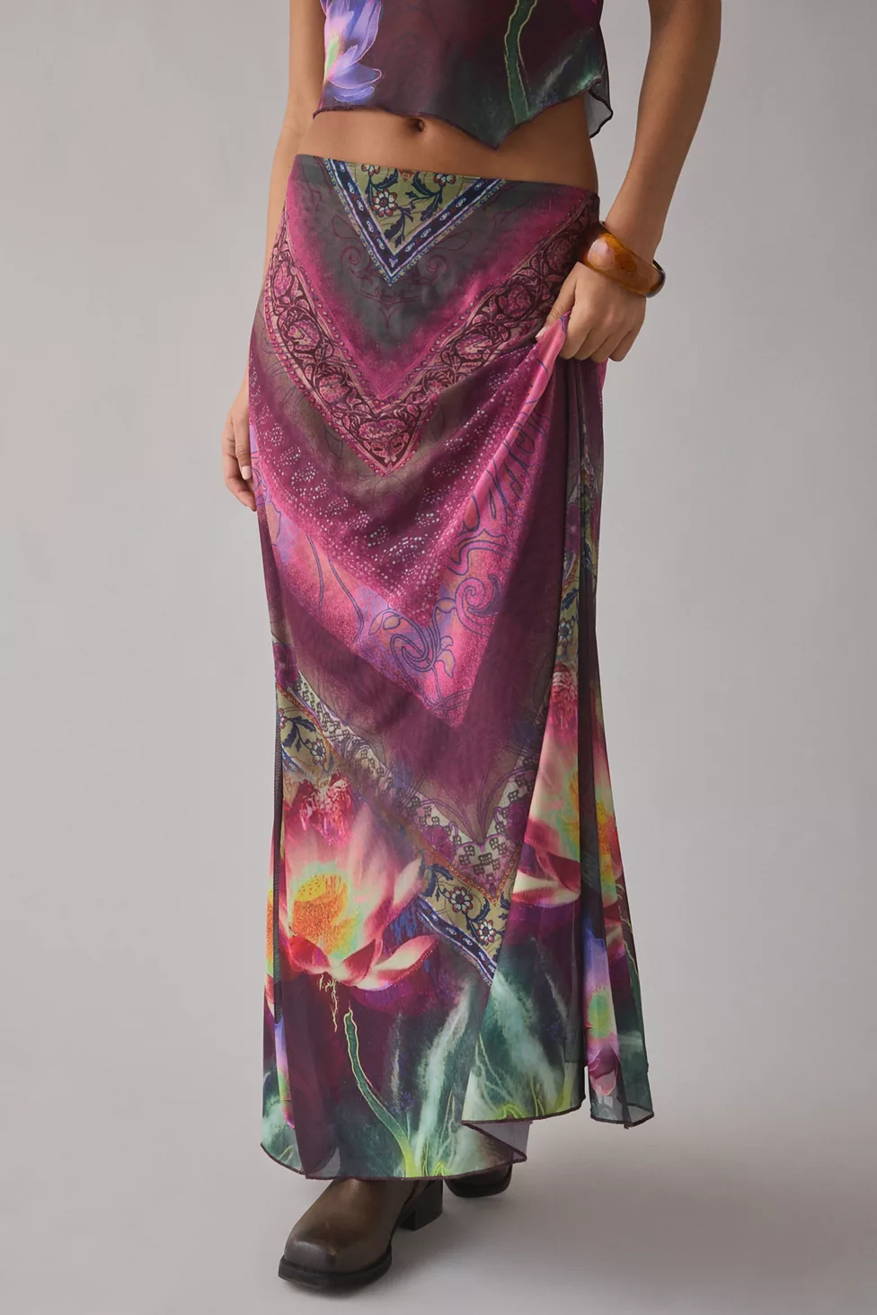 UO Shimmer Haze Printed Mesh Skirt 2-Piece Set - Purple