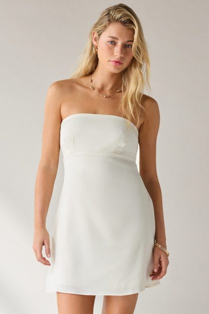 UO Mira Strapless Tie-Back Bow Satin Slip Mini Dress - Ivory