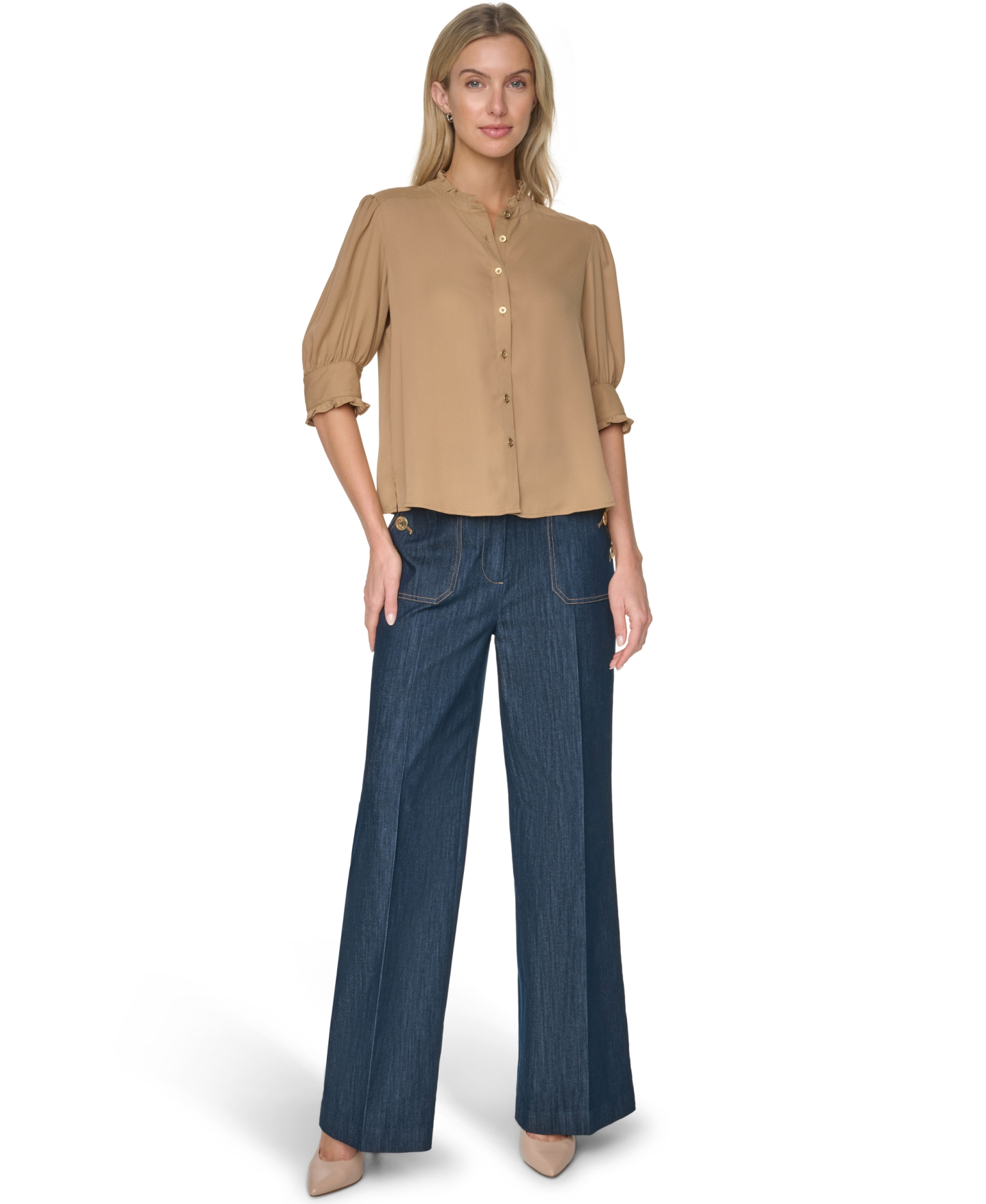Tommy Hilfiger Women's Puff-Sleeve Ruffle Collared Shirt - Tigers Eye