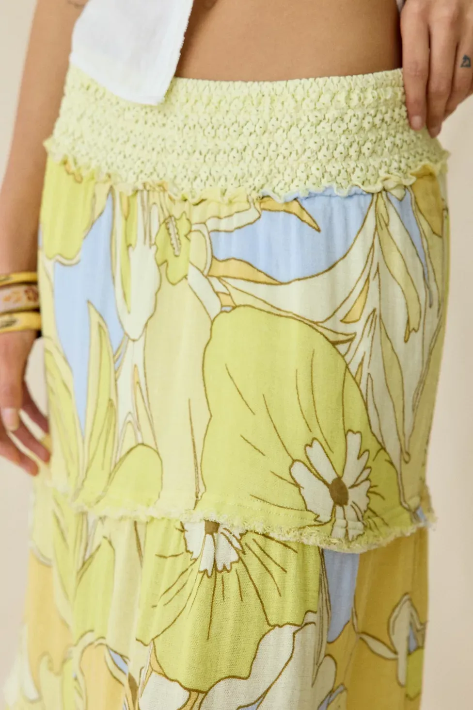 Kimchi Blue On My Mind Smocked Waist Tiered Maxi Skirt - Yellow