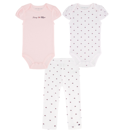 Tommy Hilfiger Baby Girls' Flag Heart Print Bodysuits and Leggings, 3-Piece Set - Pink/White