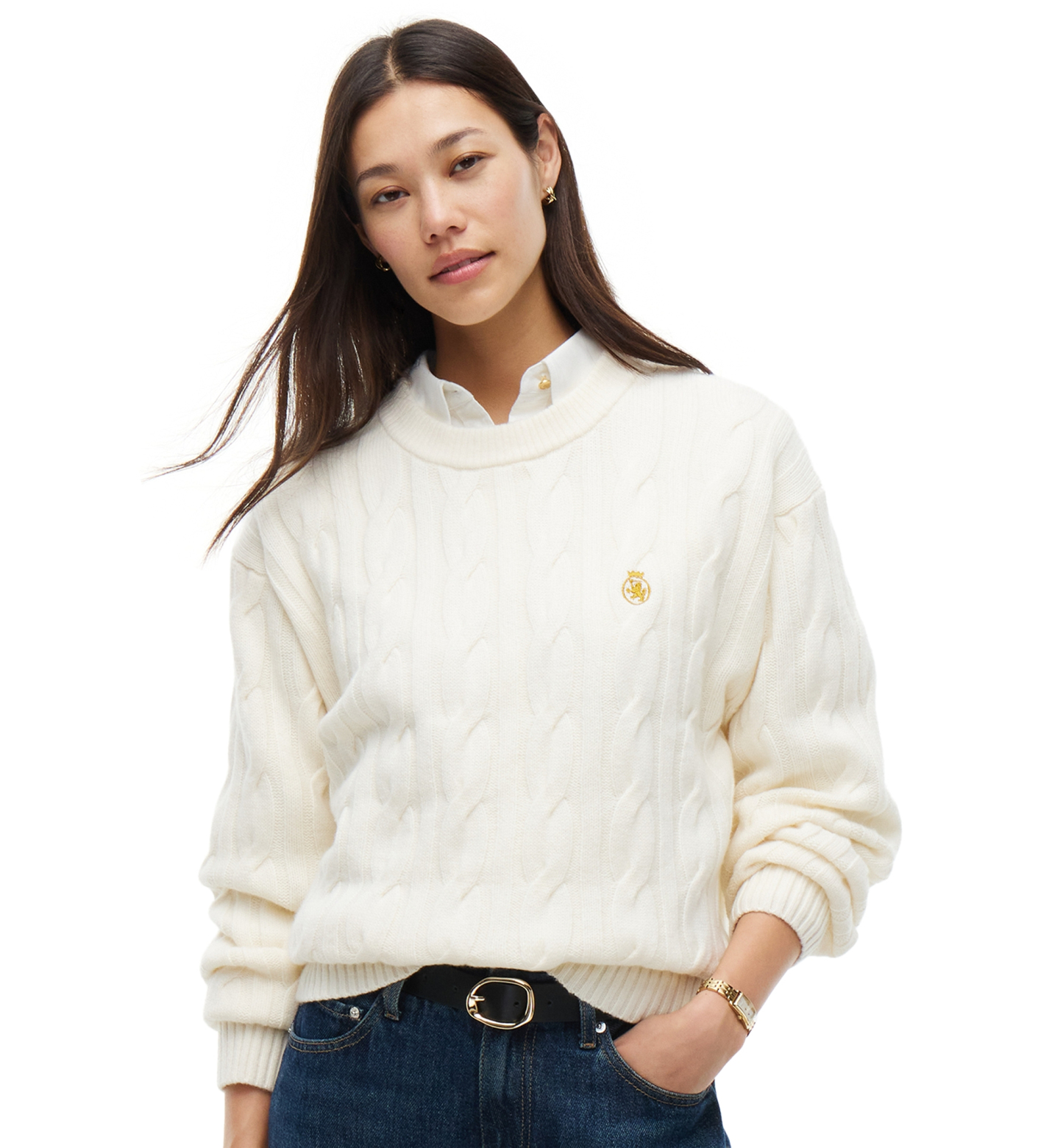 Tommy Hilfiger Women's American Icons 100% Wool Cable-Knit Crewneck Sweater, Macy's Exclusive - Ivory Petal