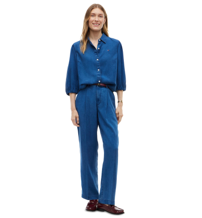 Tommy Hilfiger Women's Chambray Puff-Sleeve Button-Front Shirt - Mid Blue