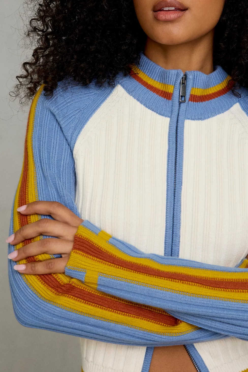 BDG Ruby Ribbed Knit Mockneck Zip-Up Cardigan - Orange Multi