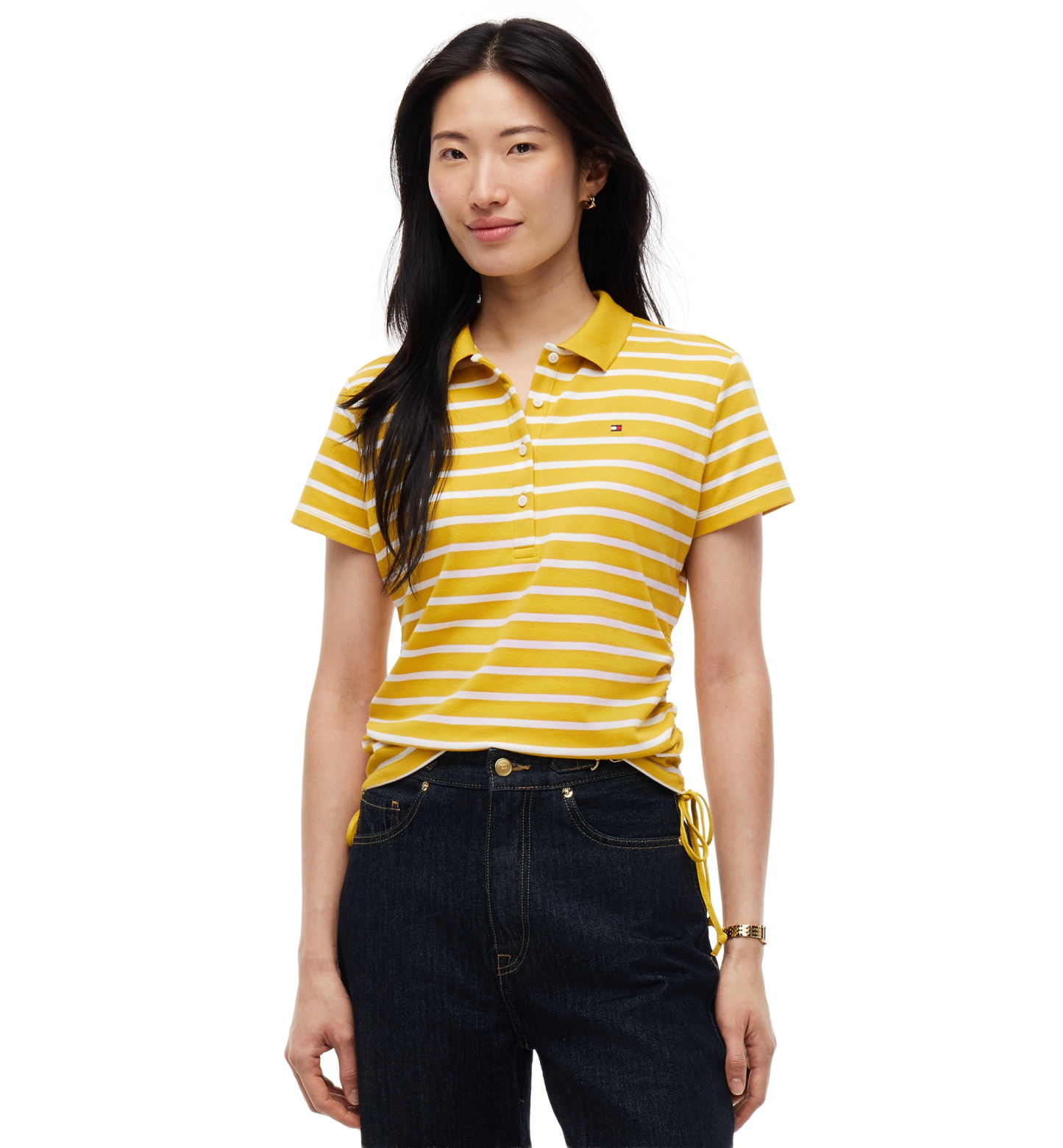 Tommy Hilfiger Women's Short-Sleeve Drawstring Polo Shirt - Breton Stp Ornamental Yellow Ecru