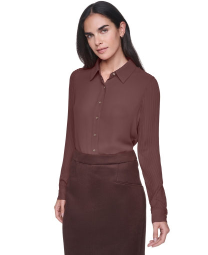 Tommy Hilfiger Women's Long-Sleeve Button-Front Pleated-Sleeve Blouse - Chicory