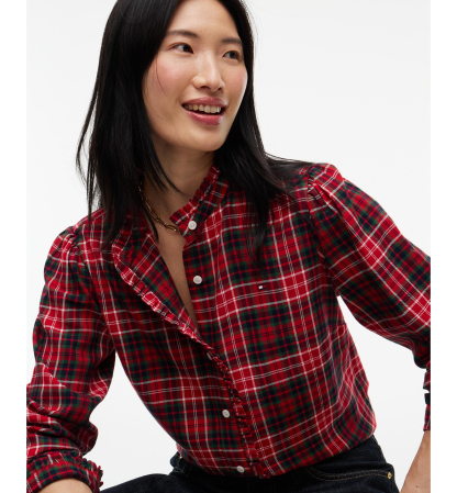 Tommy Hilfiger Women's Plaid Frill Flannel Shirt - Dark Tartan Red