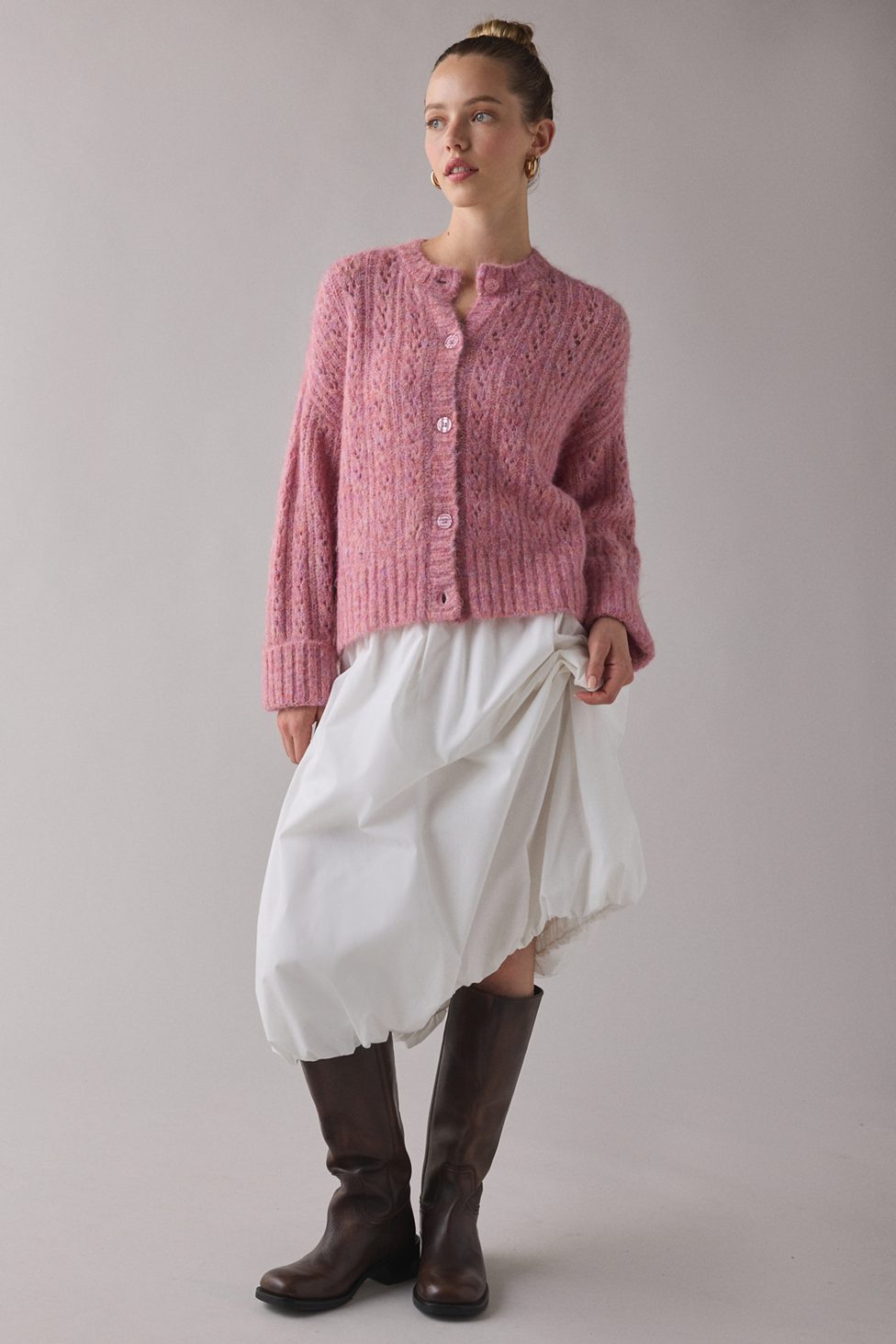BDG Becca Brushed Pointelle Knit Oversized Cardigan - Pink