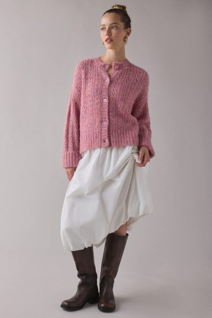 BDG Becca Brushed Pointelle Knit Oversized Cardigan - Pink