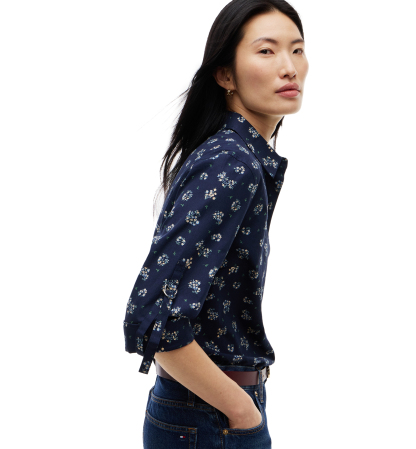 Tommy Hilfiger Women's Cropped Printed Roll-Tab Sleeve Shirt - Traditional Floral Dark Blue