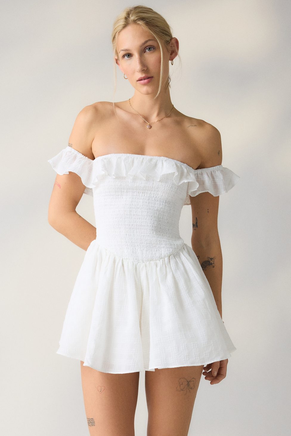 Kimchi Blue Clementine Smocked Ruffle Romper - White