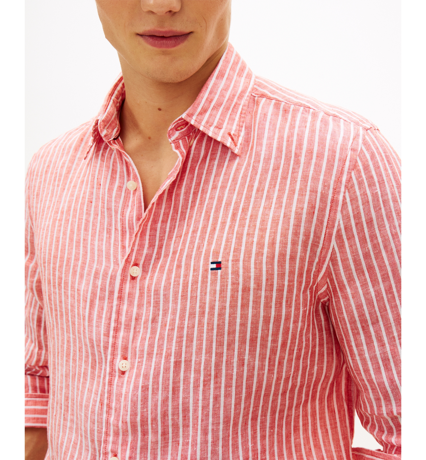 Tommy Hilfiger Men's 100% Linen Bengal Stripe Shirt - Orange Flash