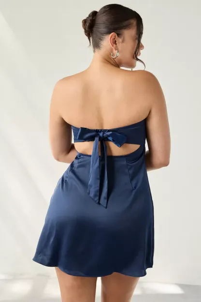 UO Mira Strapless Tie-Back Bow Satin Slip Mini Dress - Navy